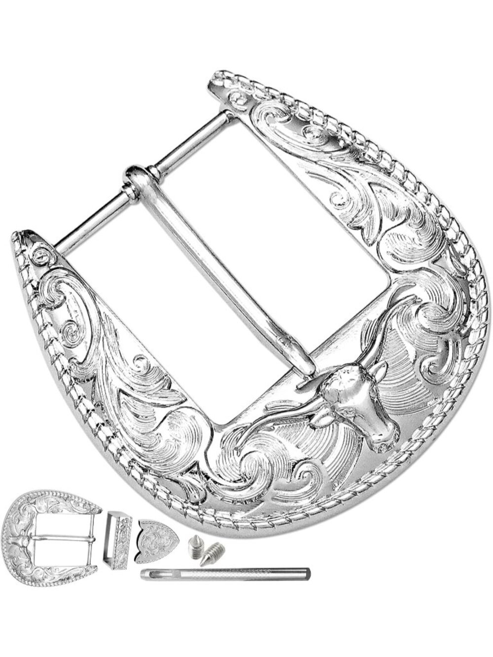 Unisex Polish Silver 3Pcs Western Longhorn Bull Replacement Belt Buckle 1.5"